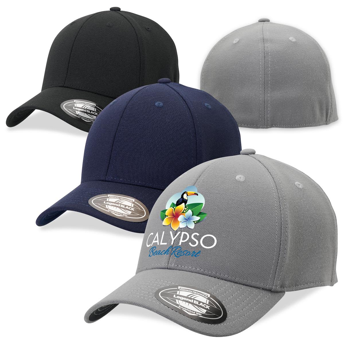 A collection of caps in black, navy, and grey, featuring a logo on the front of one cap.