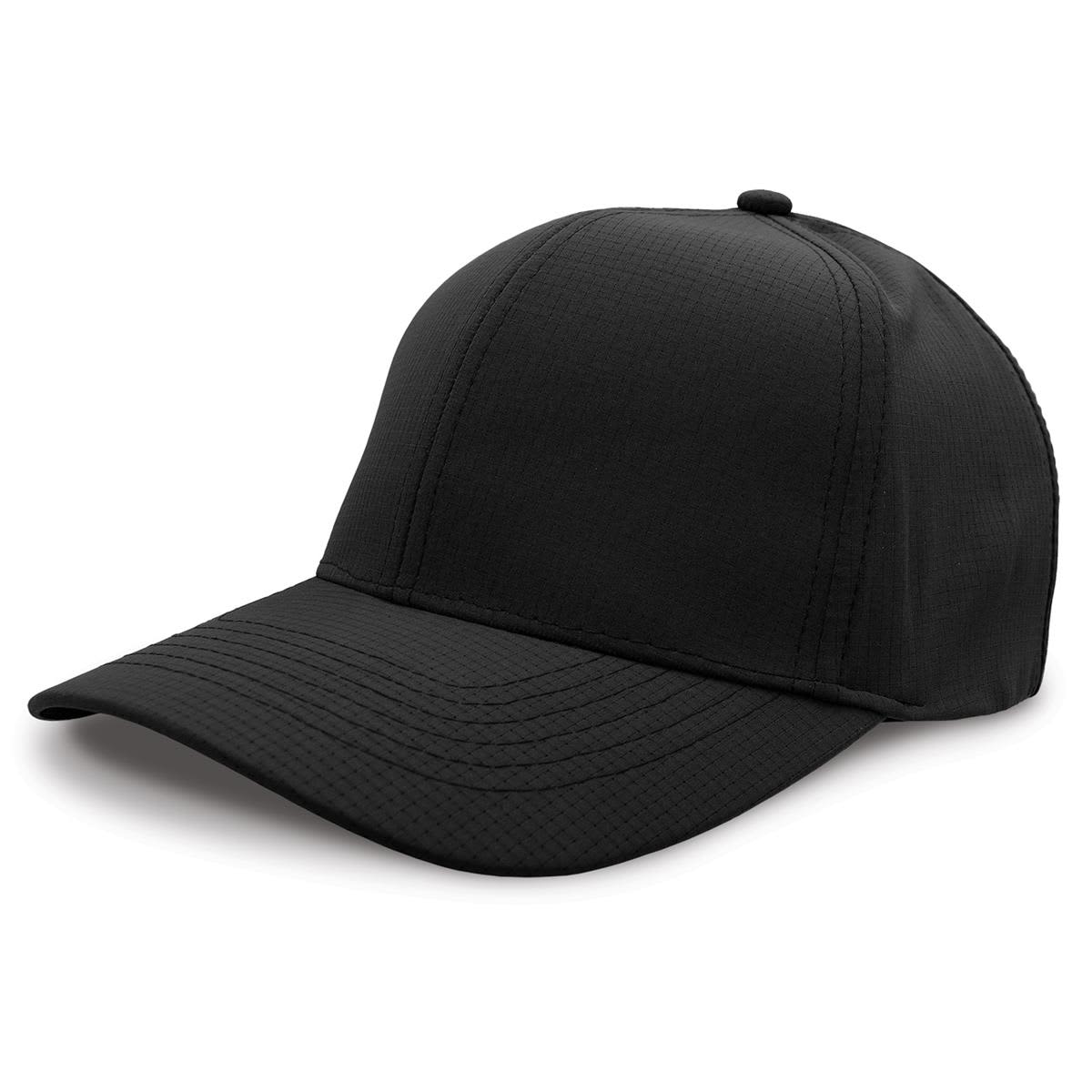 A black cap with a structured design and a curved brim. Features a logo on the side.