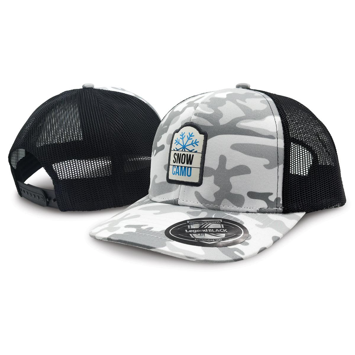 A grey and black trucker cap featuring a camouflage pattern and a branded patch on the front.