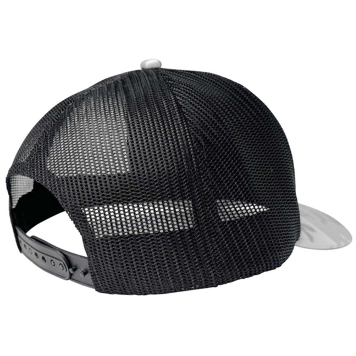 A trucker cap featuring a black mesh back and a grey front panel. It has an adjustable strap.