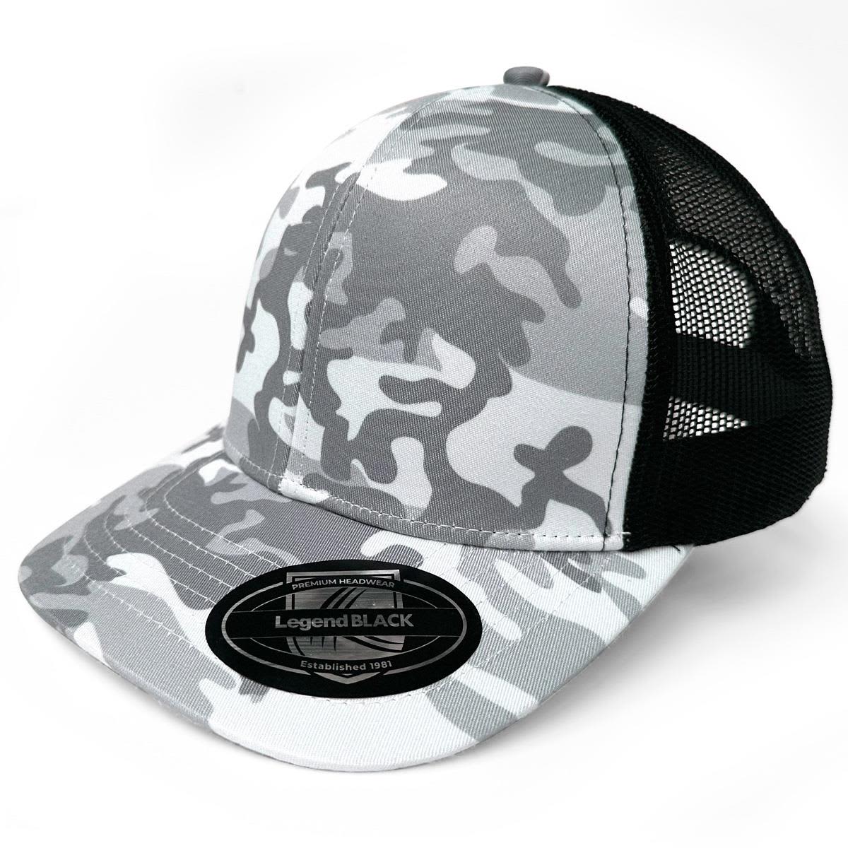 A grey and black camouflage trucker cap with a mesh backing and a branded logo patch.