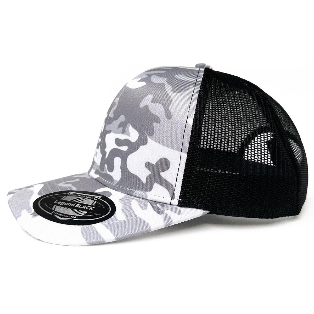 A grey and black camo trucker cap with a mesh back and a branded logo on the front.