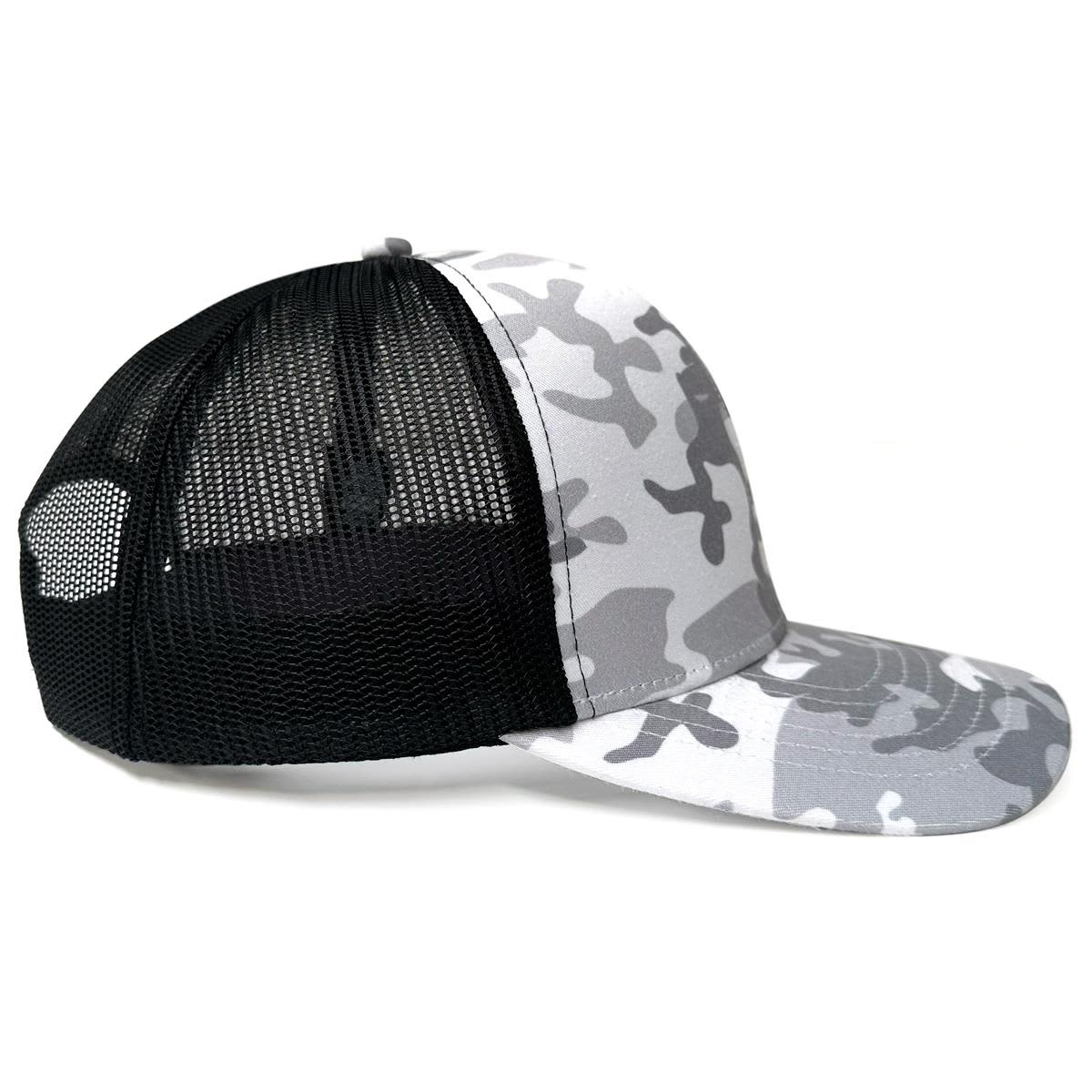 A grey and white camo trucker cap with a black mesh back and a curved peak. Features a logo on the side.