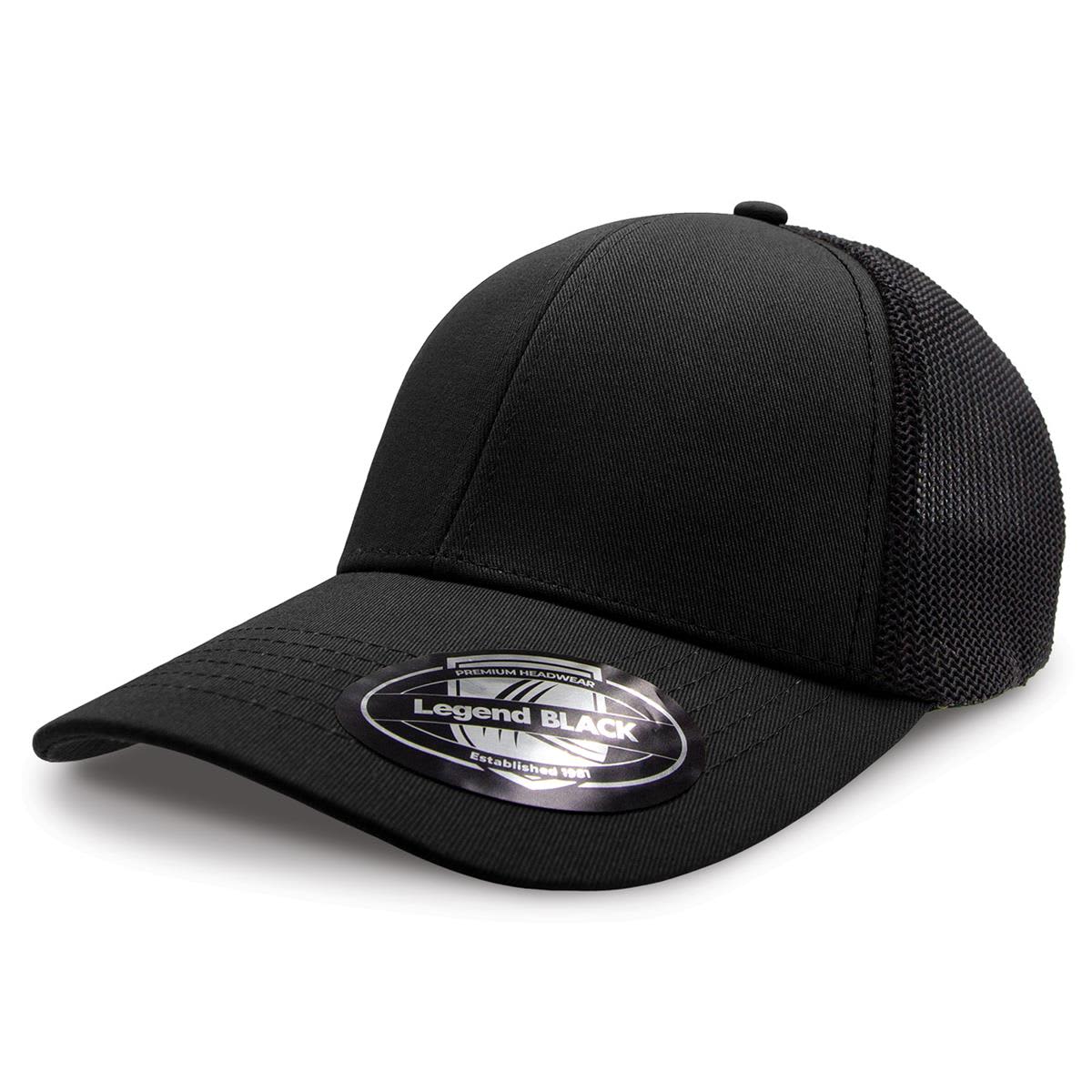 A black cap with a mesh back and a rounded peak, featuring a circular logo on the brim.