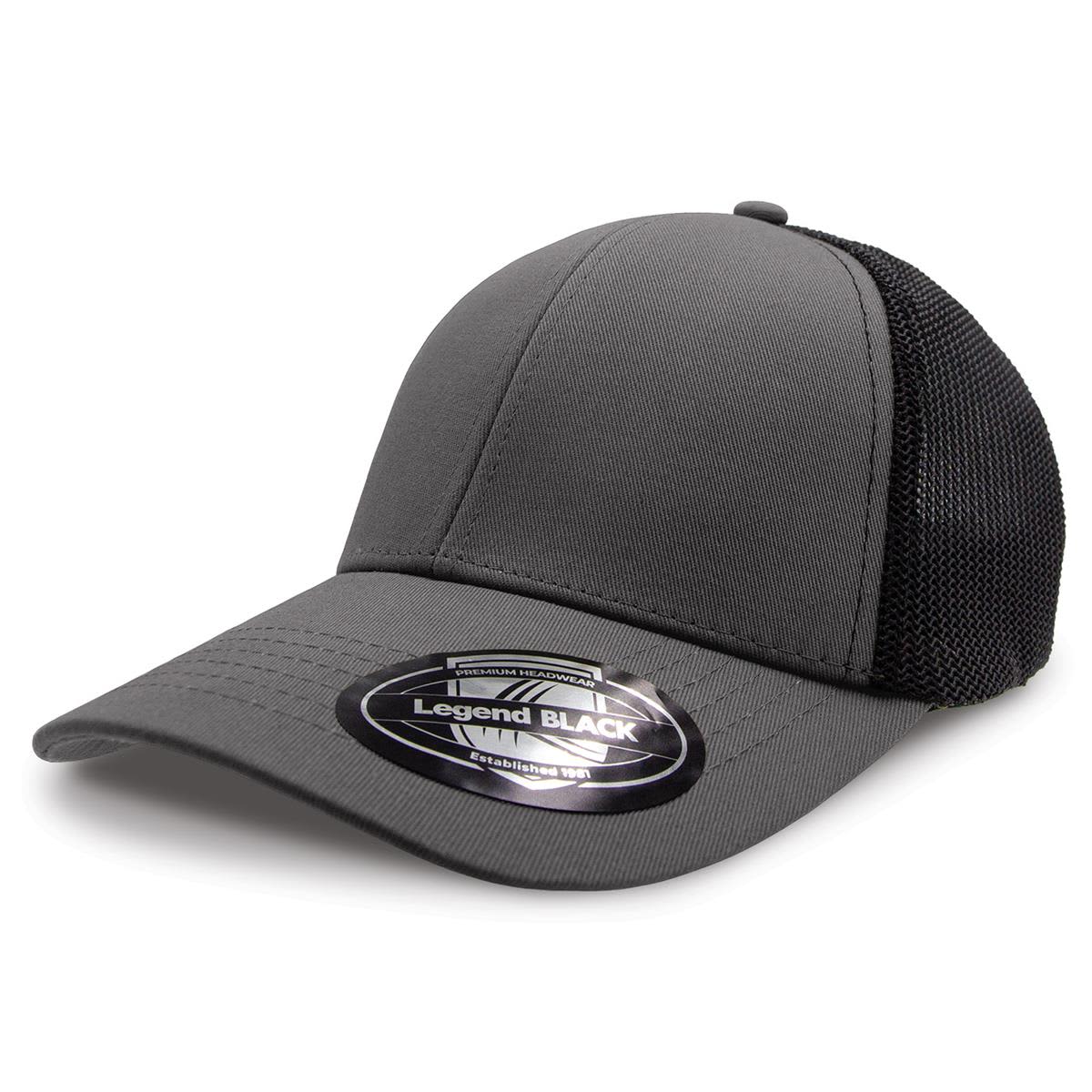 A grey cap with a structured front and mesh sides, featuring a logo on the brim.