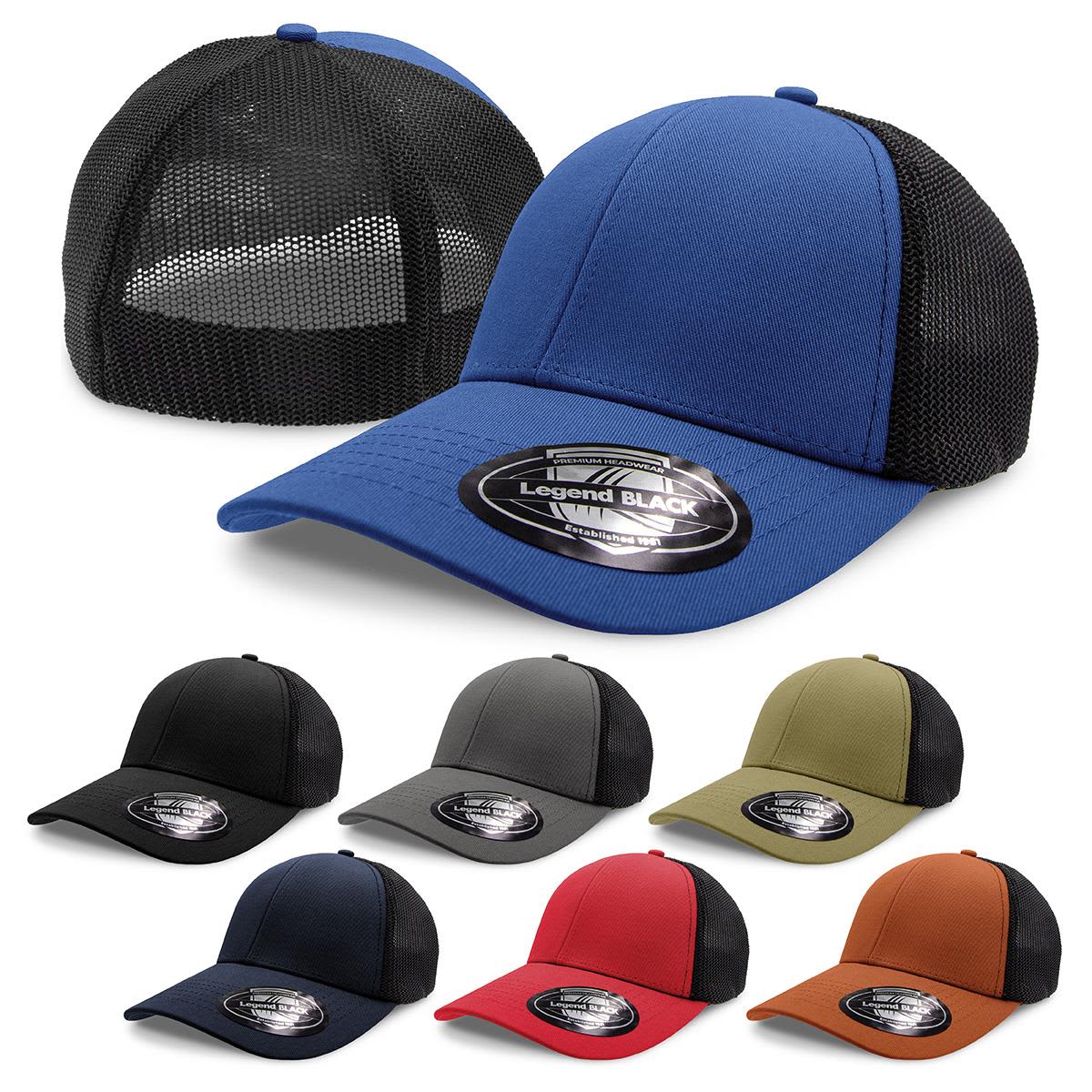 A blue cap with a mesh back and an assortment of other caps in black, grey, navy, red, olive, and orange.