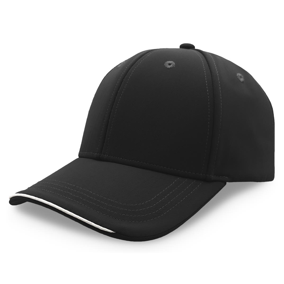 A black cap with a structured design and a white stripe along the brim, featuring a logo.