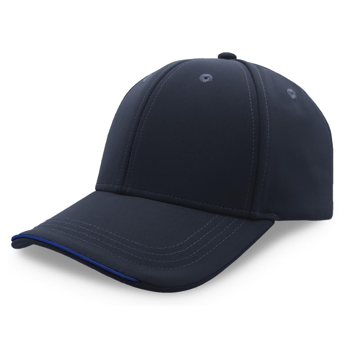 A dark navy cap with a curved brim and contrasting stitching, featuring a logo on the front.