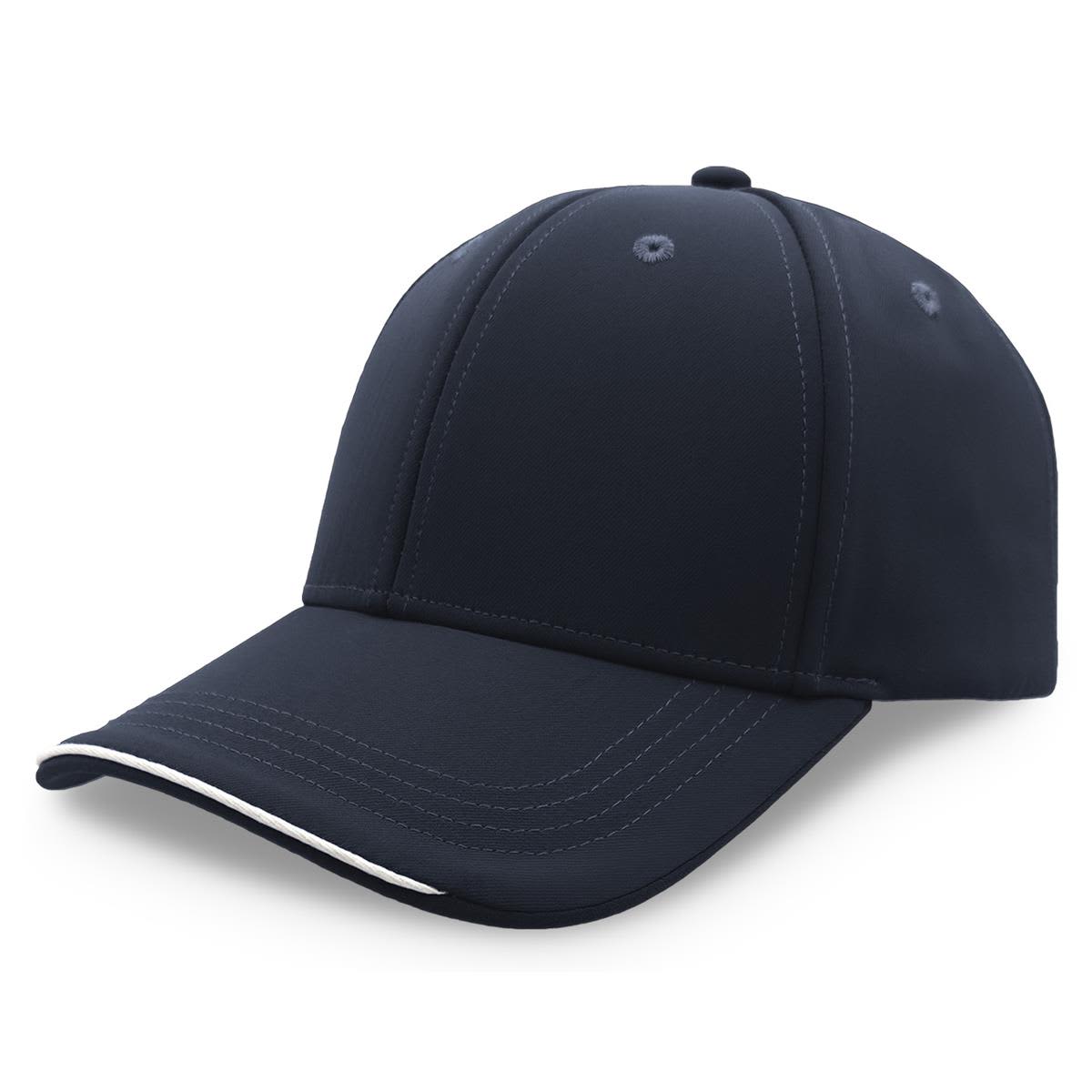 A navy cap with a structured design and a contrasting white stripe on the visor. Features a logo on the front.