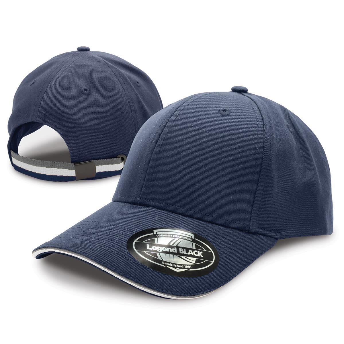A navy blue cap with a curved brim and adjustable strap at the back, featuring a logo on the front.