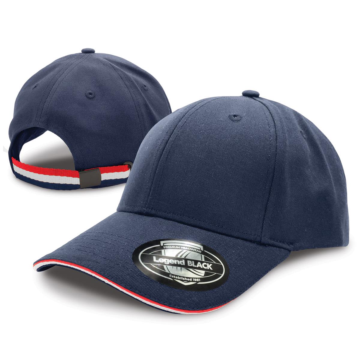 A navy cap with a curved brim, featuring a logo and a striped detail on the back.