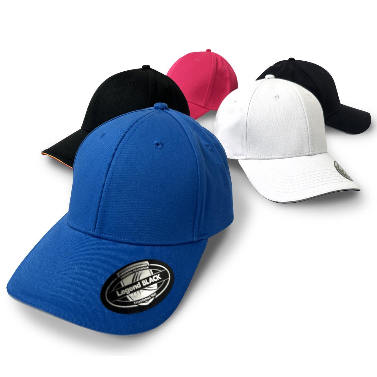 A collection of caps in blue, black, pink, and white, featuring a logo on the side of each cap.