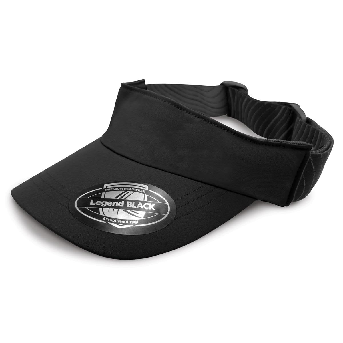 A black sports visor with a curved brim and a flexible band, featuring a logo on the front.