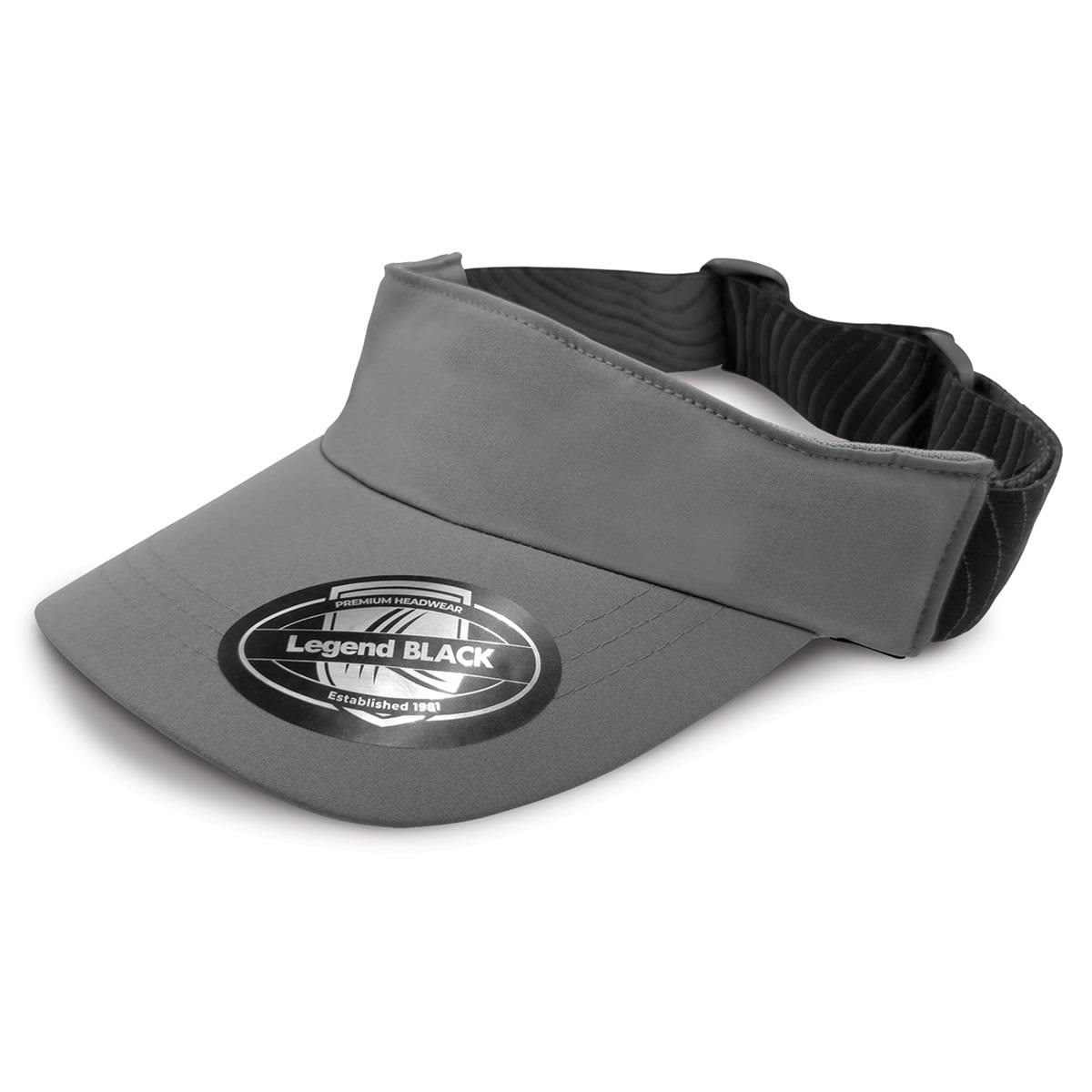 A grey visor with a wide brim and an adjustable black strap, featuring a logo on the front.