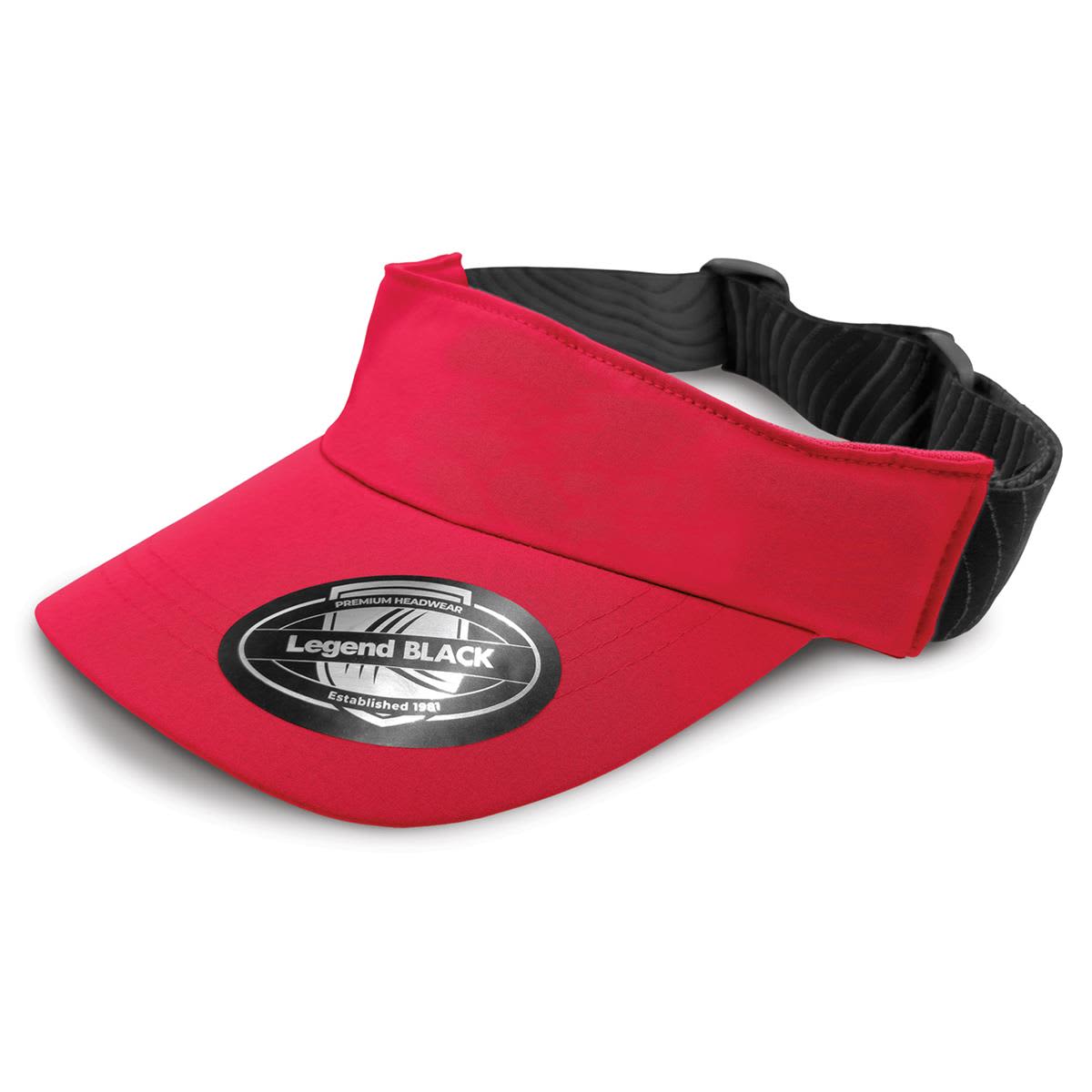 A red sports visor with a black adjustable band and a logo on the front.