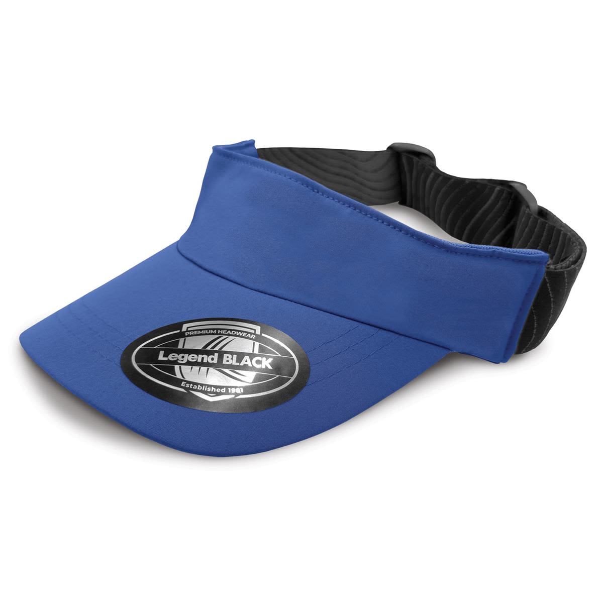 A blue visor with a black adjustable band and a logo on the front.
