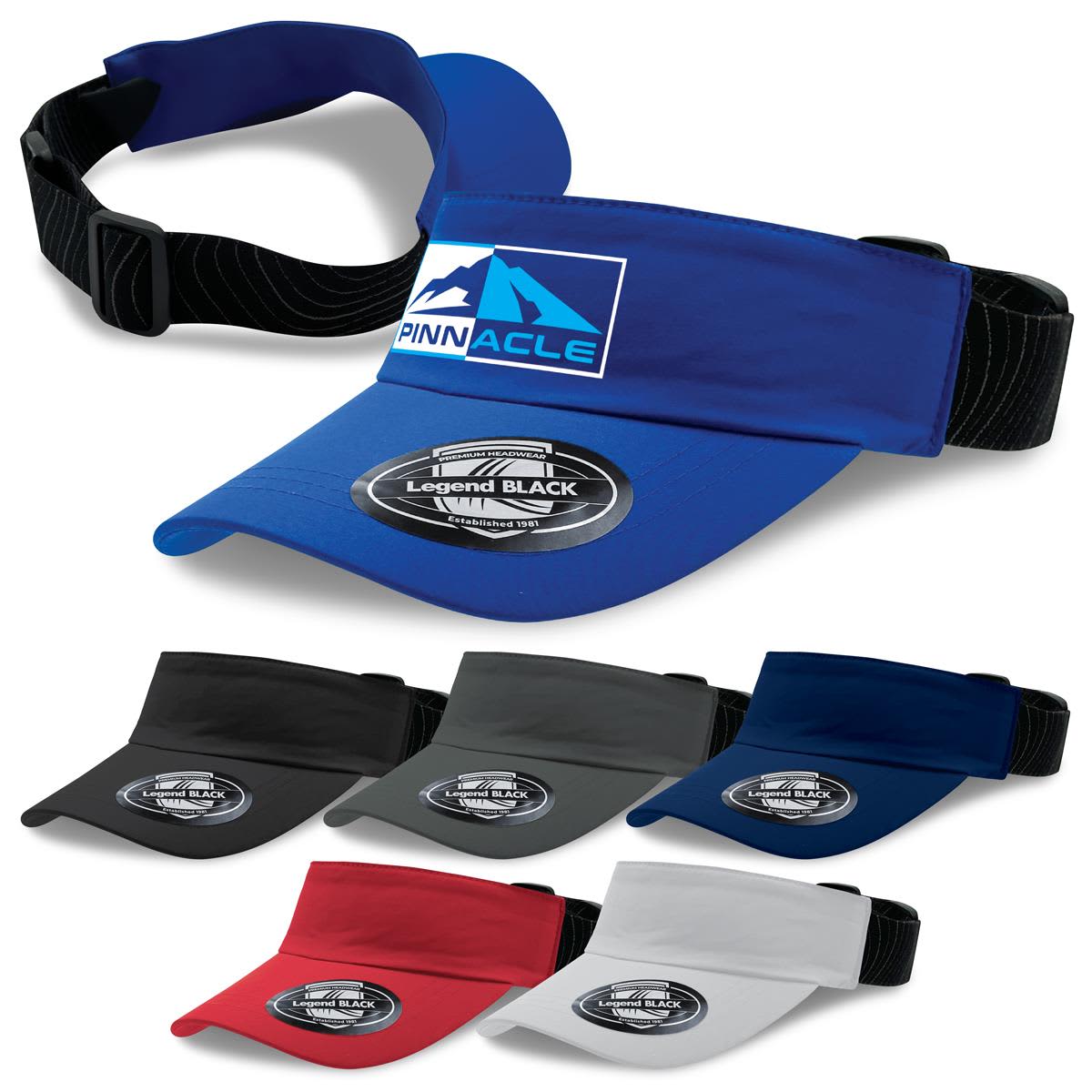 A range of Altitude Sports Visors in various colours, featuring a logo and an adjustable strap.