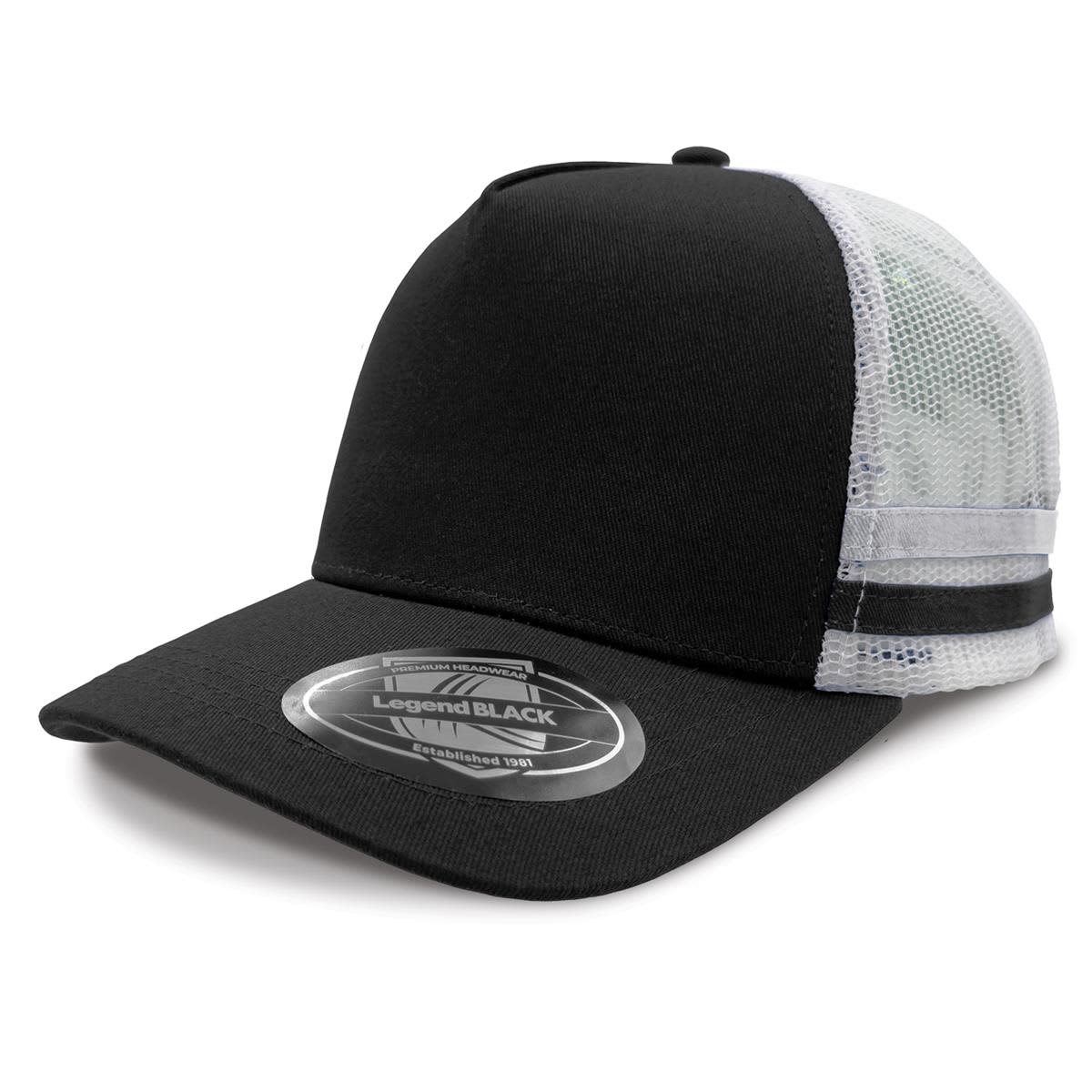 A black striped trucker cap with a mesh back and a logo on the front.