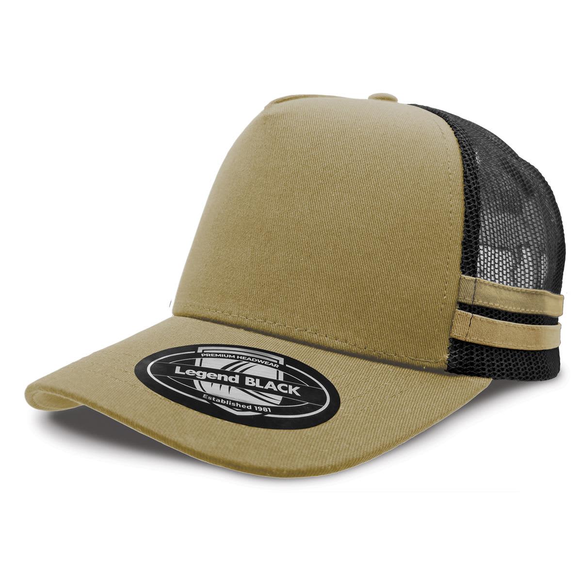 A khaki and black striped trucker cap featuring a mesh back and a branded patch.