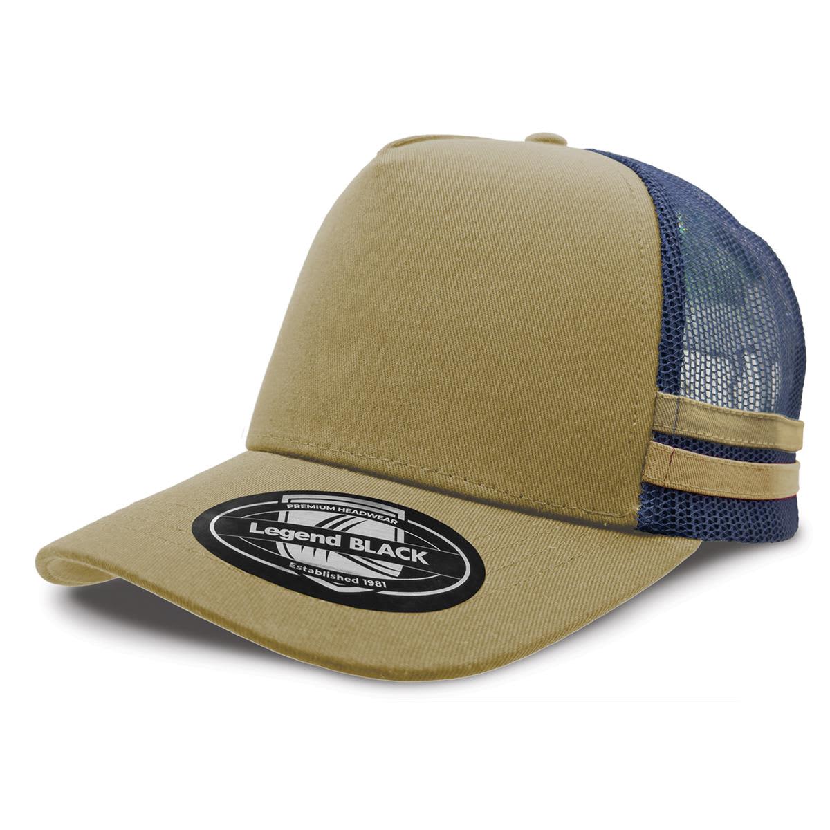 A khaki and navy striped trucker cap featuring a mesh back and a circular logo on the front.