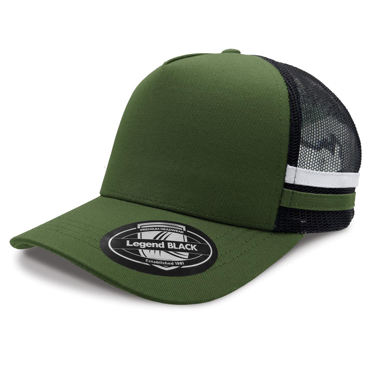 A green trucker cap featuring a mesh back and a logo on the front, with a striped band around the crown.