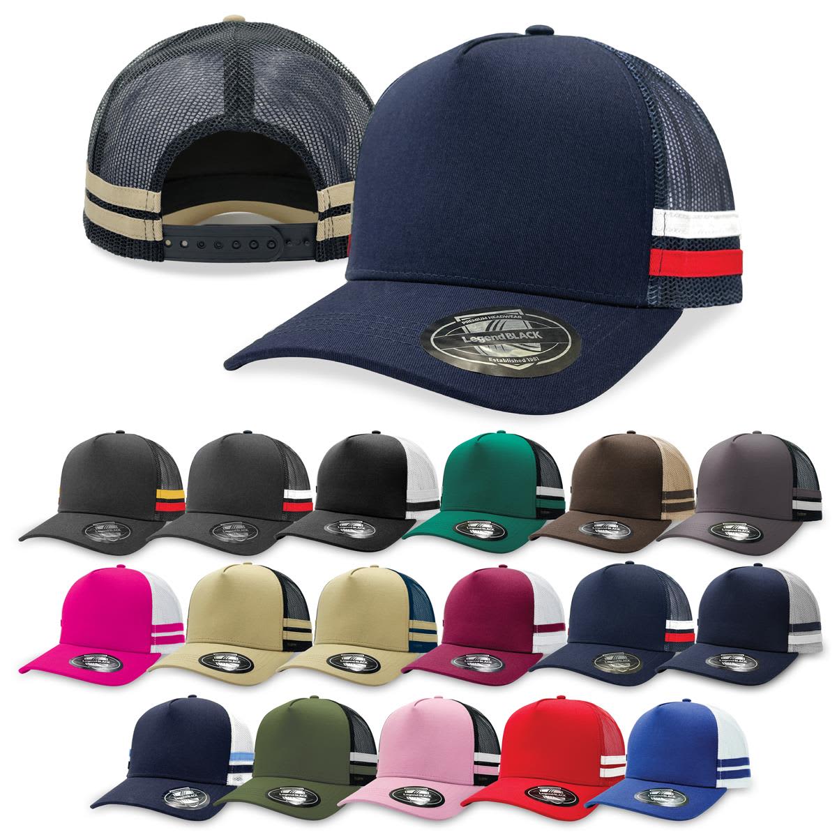 A collection of Striped Trucker caps in various colours, featuring a logo and mesh backs for breathability.