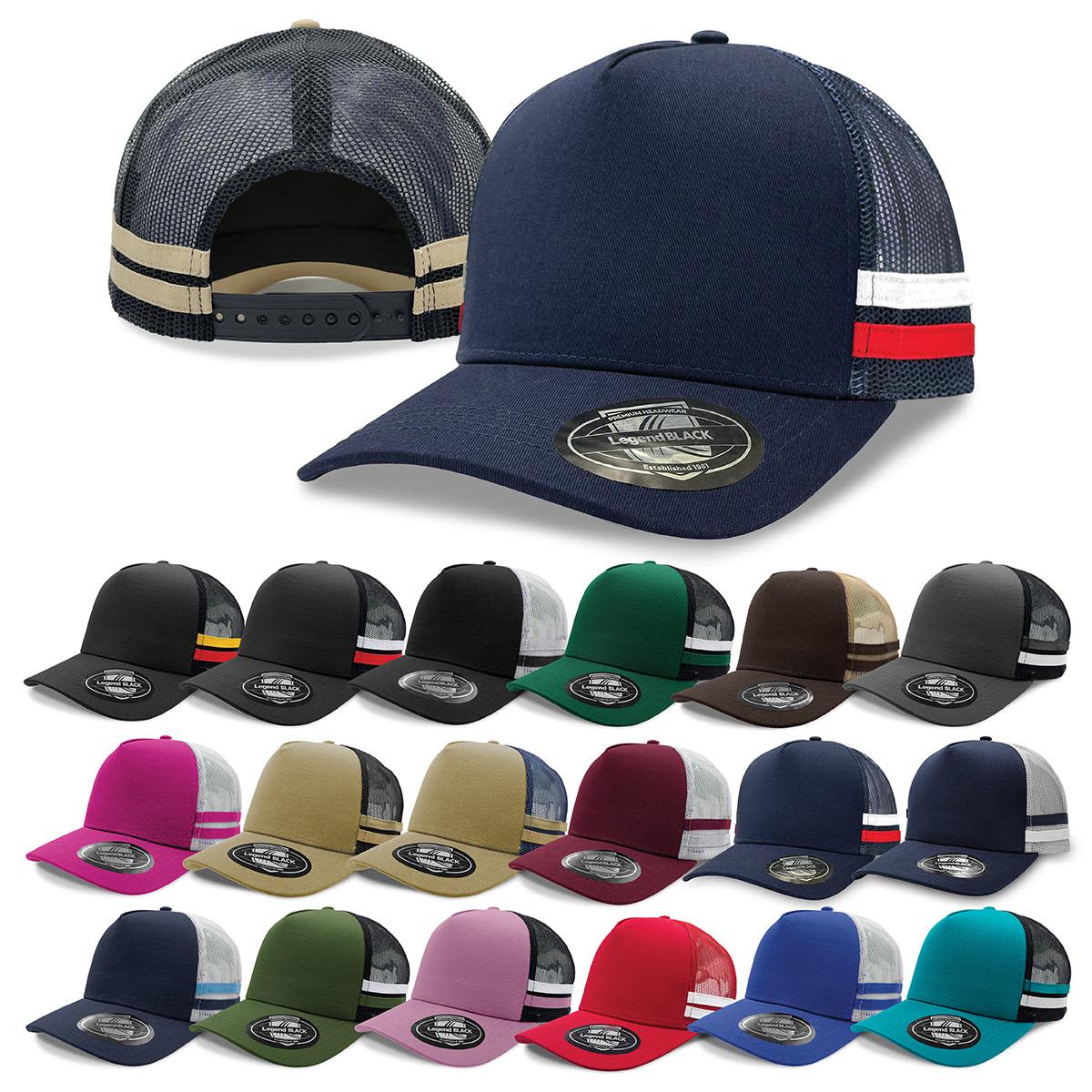A collection of trucker caps featuring various colours, with a logo on each cap. The front shows a navy cap with striped accents.