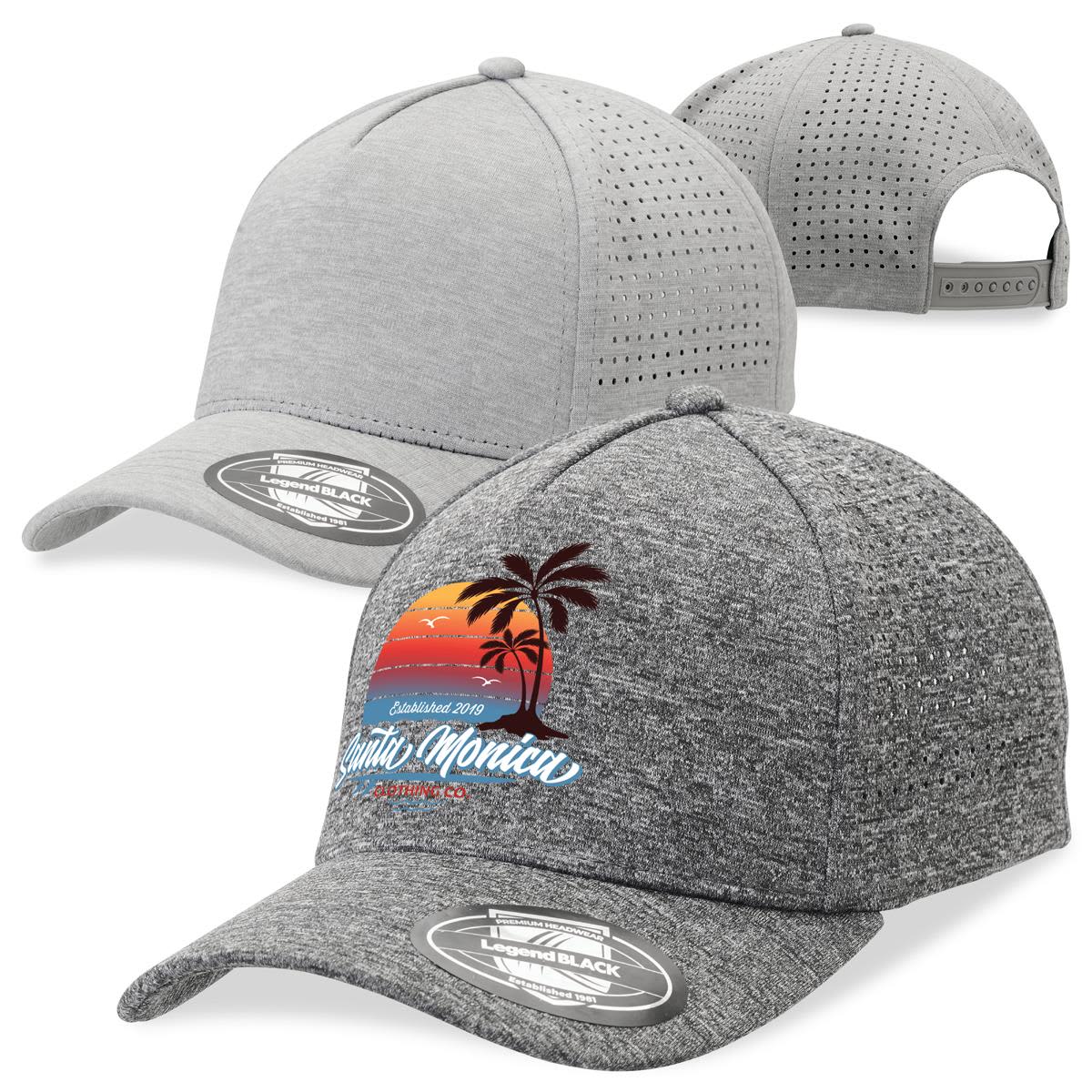 A grey cap with a textured design, featuring a colourful graphic, and another grey cap with perforations at the back.