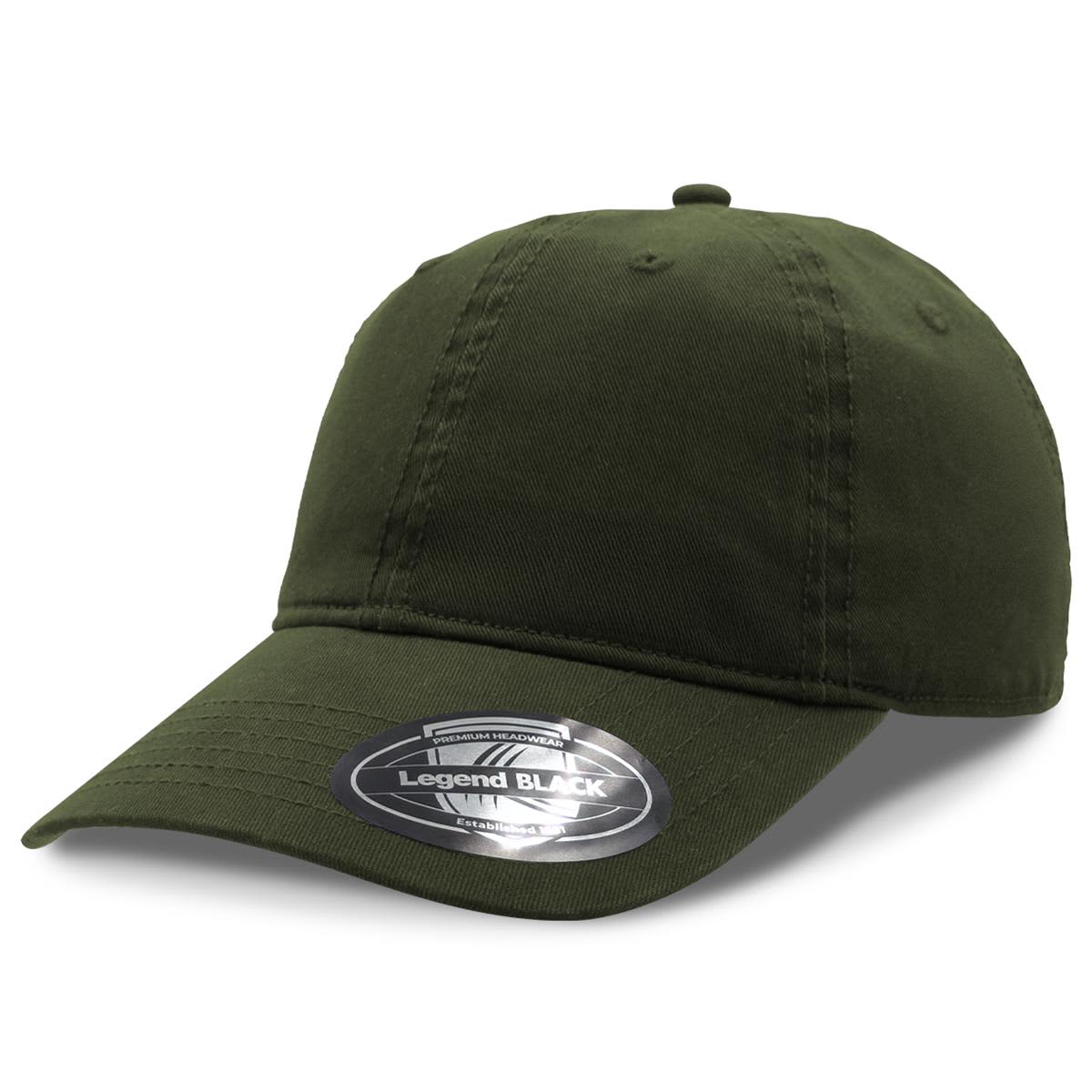 A dark green cap with a curved brim and a branded sticker on the underside.