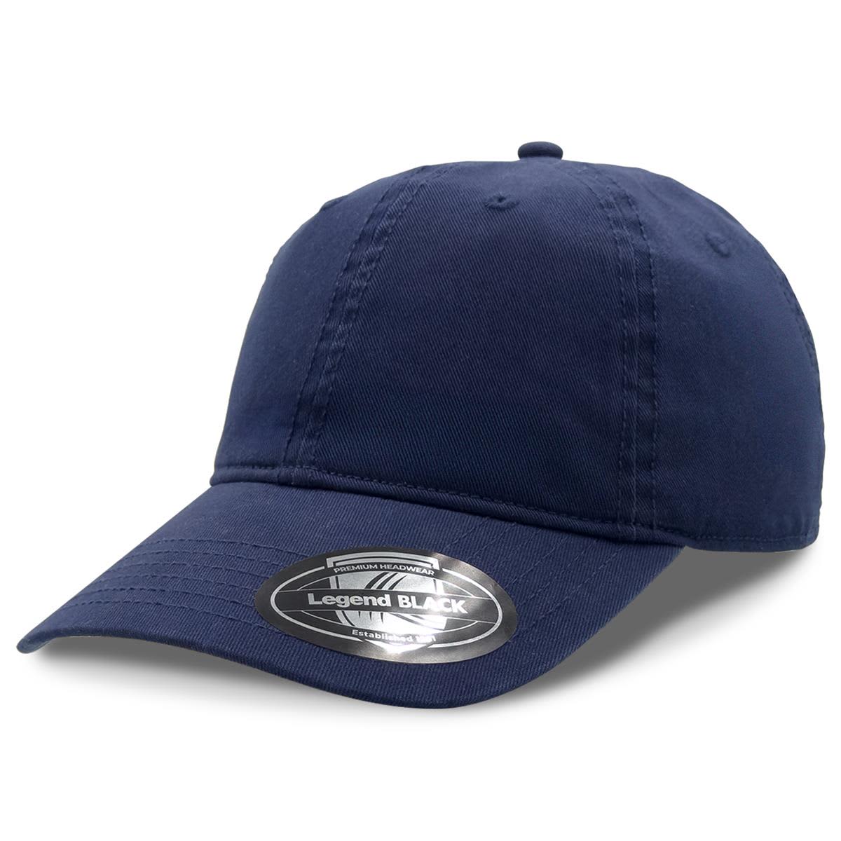 A navy blue cap with a curved brim and a logo on the front. Featured in the 