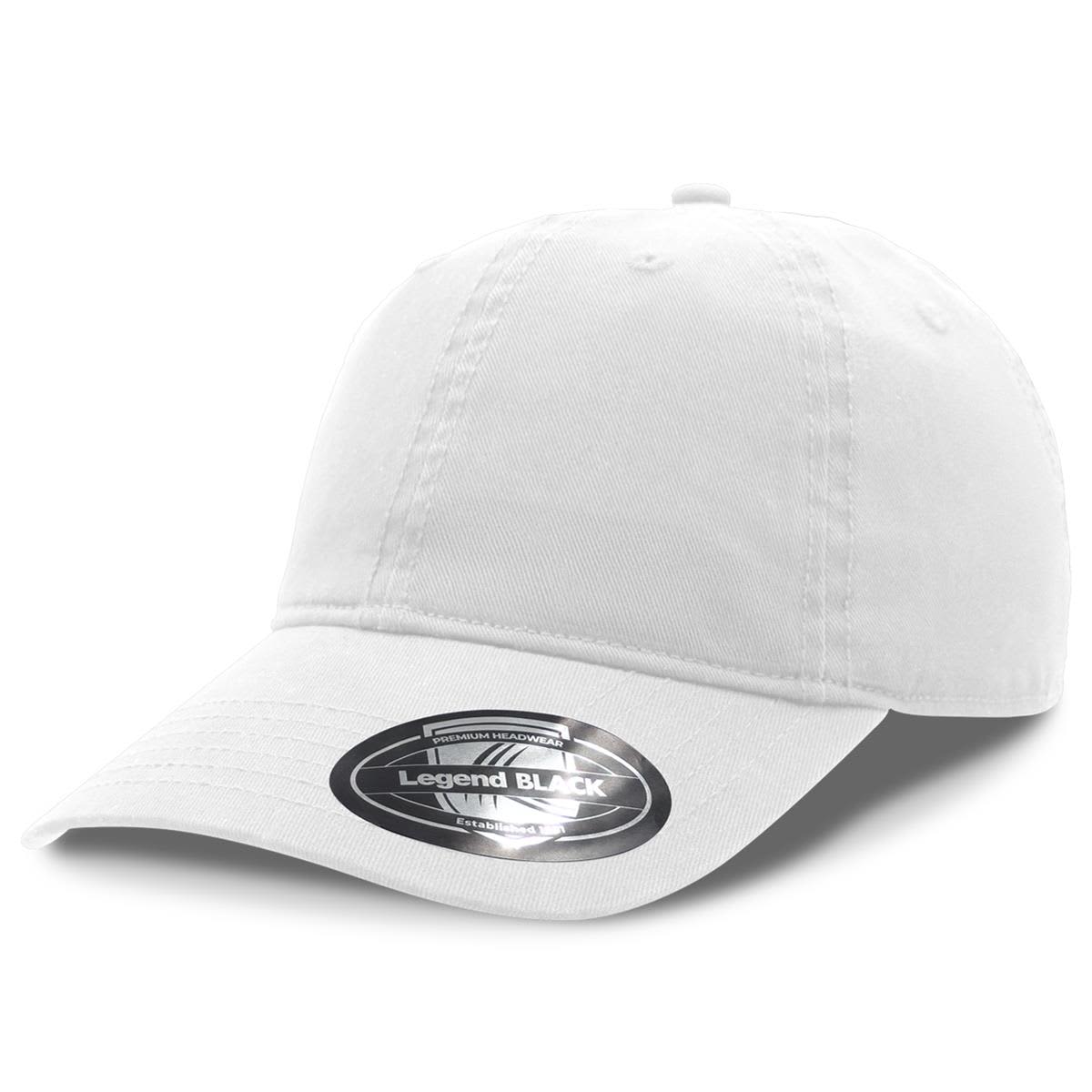 A white cap with a curved brim and a logo on the front. Suitable for casual wear.