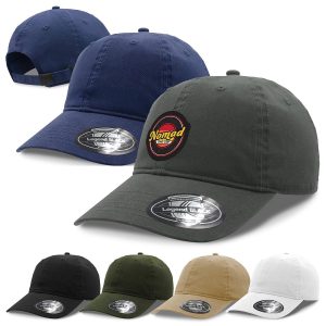 A collection of caps in navy, olive, black, khaki, and white, featuring a logo on the front of each.