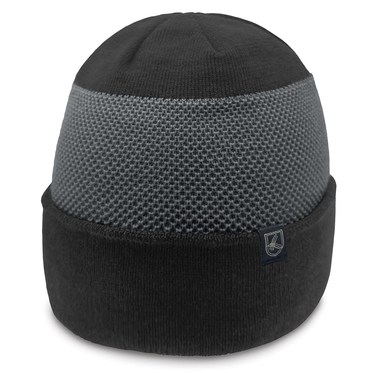A black and grey beanie with a textured middle section and a folded cuff featuring a logo.