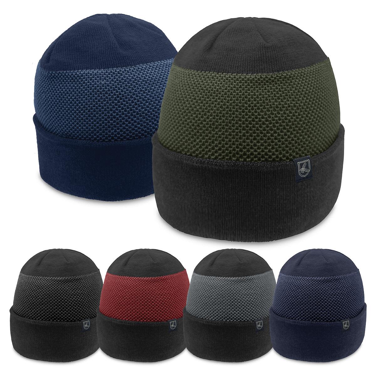 A collection of beanies in various colours, including navy, green, black, and red, featuring a mesh design and branding.