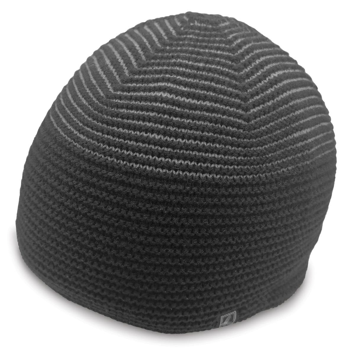 A black and grey striped beanie with a logo, featuring a close-knit design for warmth.
