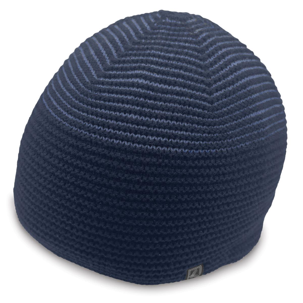 A navy striped beanie with a logo, designed for headwear.