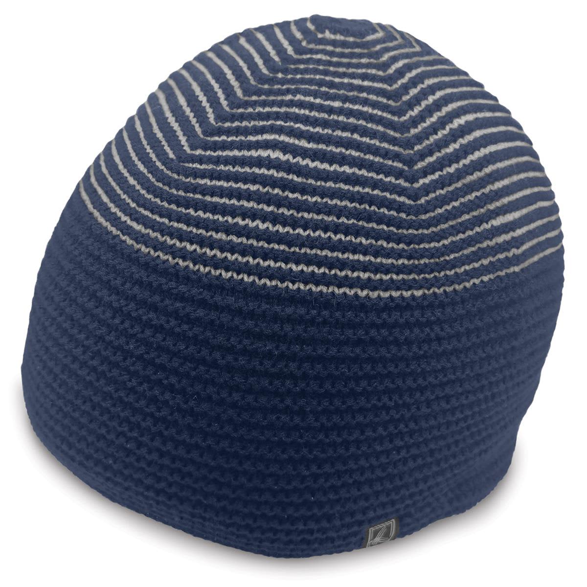 A navy blue beanie with horizontal stripes and a small logo on the side.