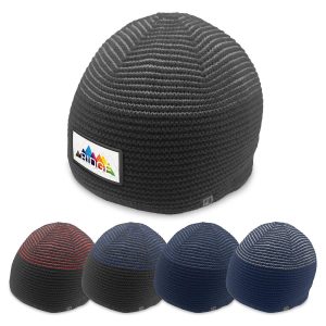 A collection of beanies in various colours, featuring a logo on one side, with a textured knit design.