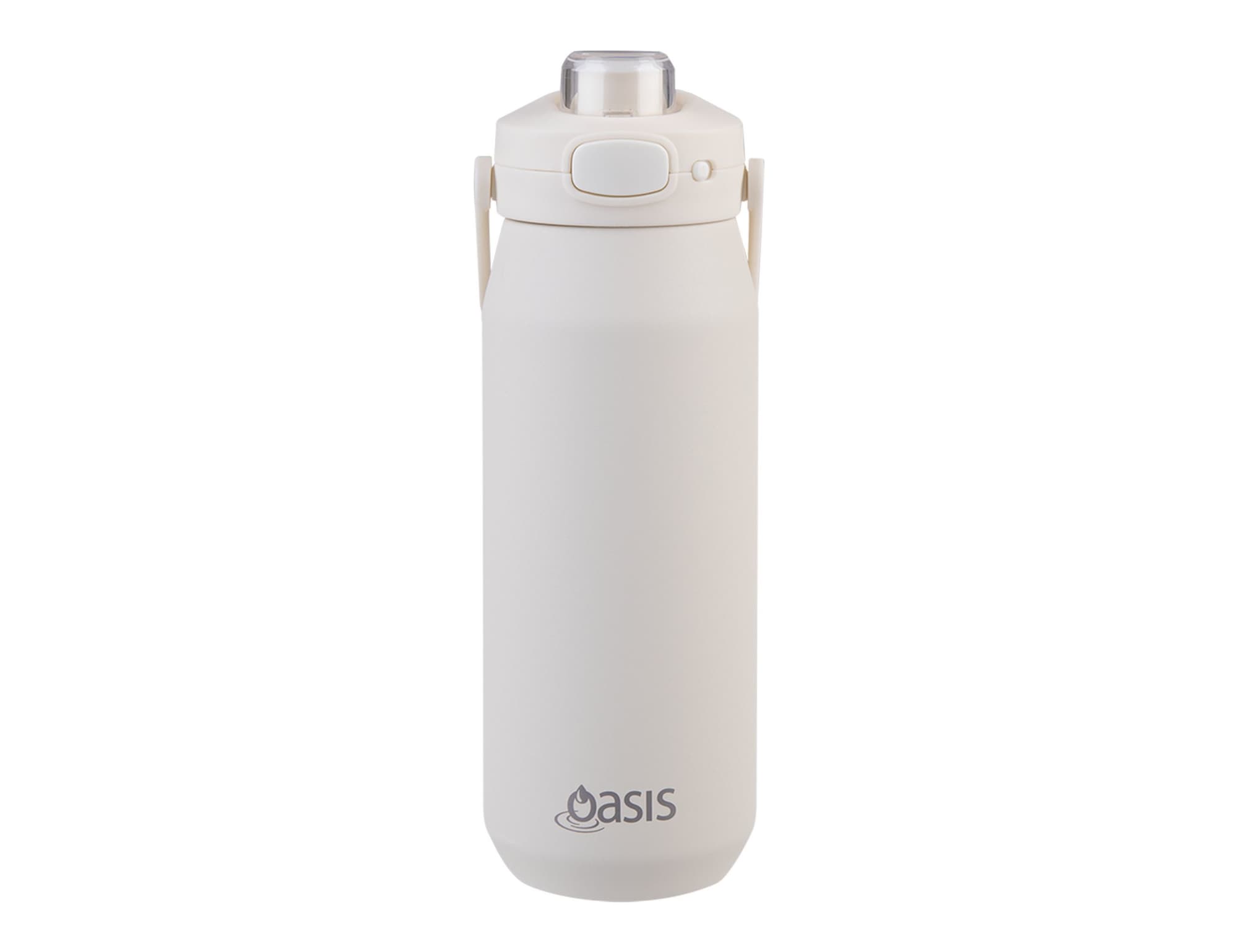 A drink bottle in matte white with a quick release lid and a logo on the front.