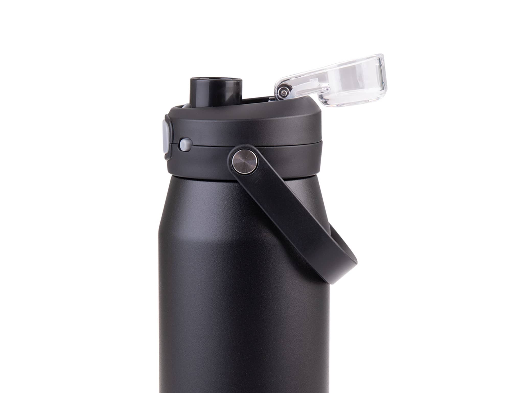 A drink bottle in matte black with a quick release lid and a handle for easy carrying. Includes a visible brand logo.