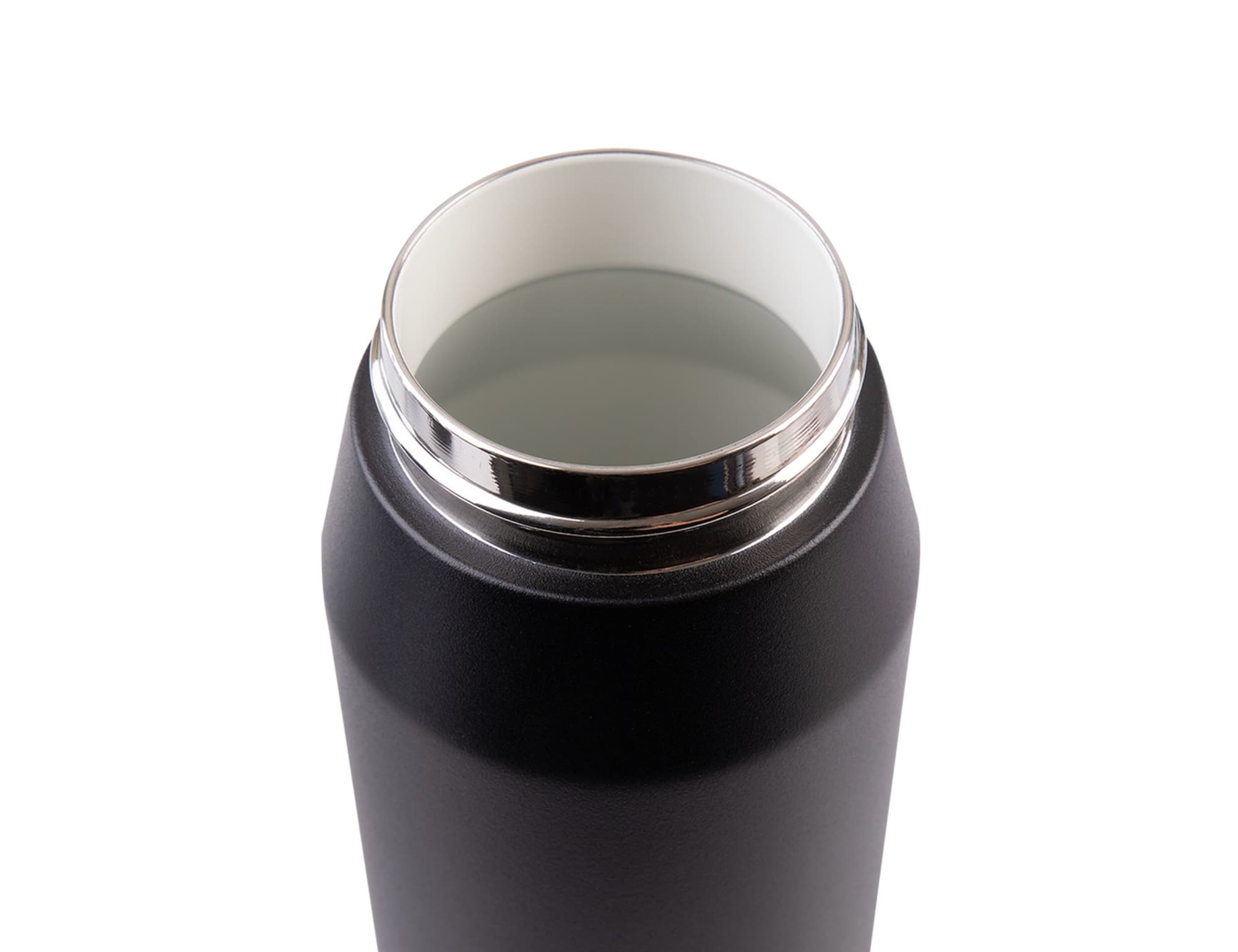 A drink bottle with a matte black finish and a silver-coloured opening, featuring a vacuum quick release lid.