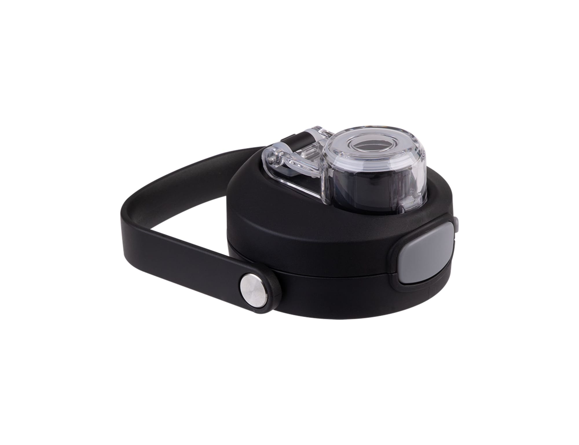 A drink bottle with a black body and clear quick-release lid, featuring a sturdy handle and button mechanism.