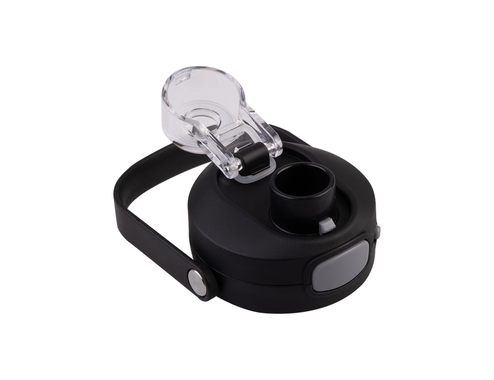 A drink bottle lid in black with a clear quick-release feature and a secure fastening mechanism.