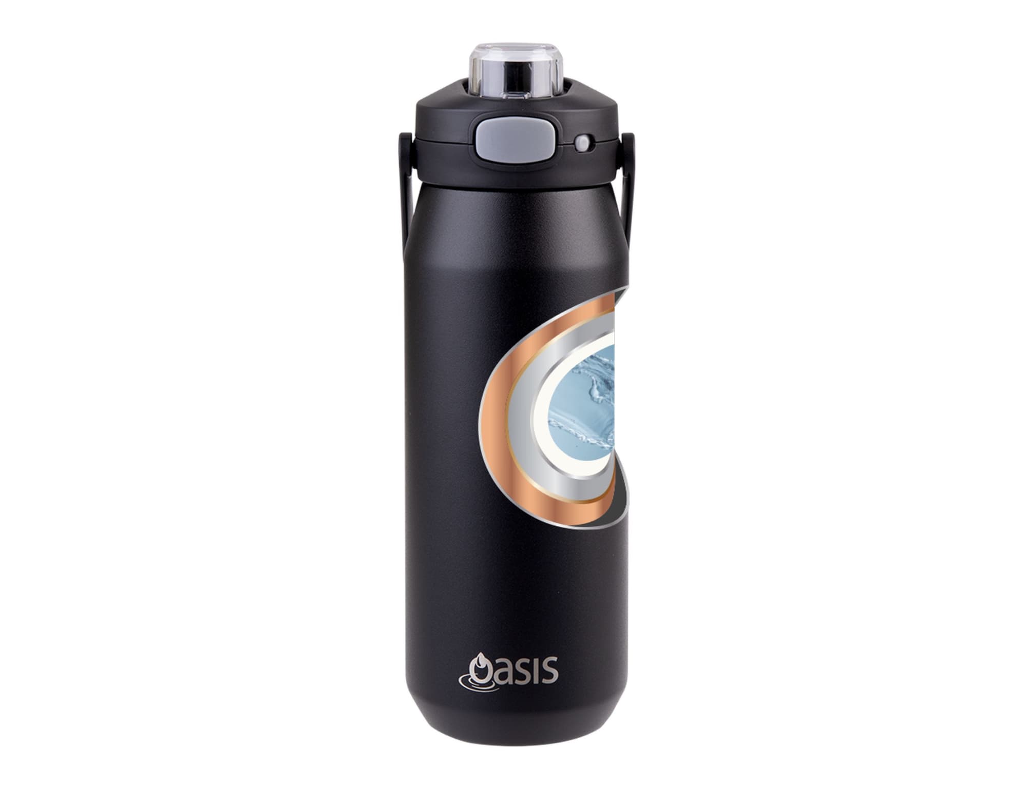 A drink bottle with a matte black finish, featuring a quick release lid and an embedded design, and a logo.