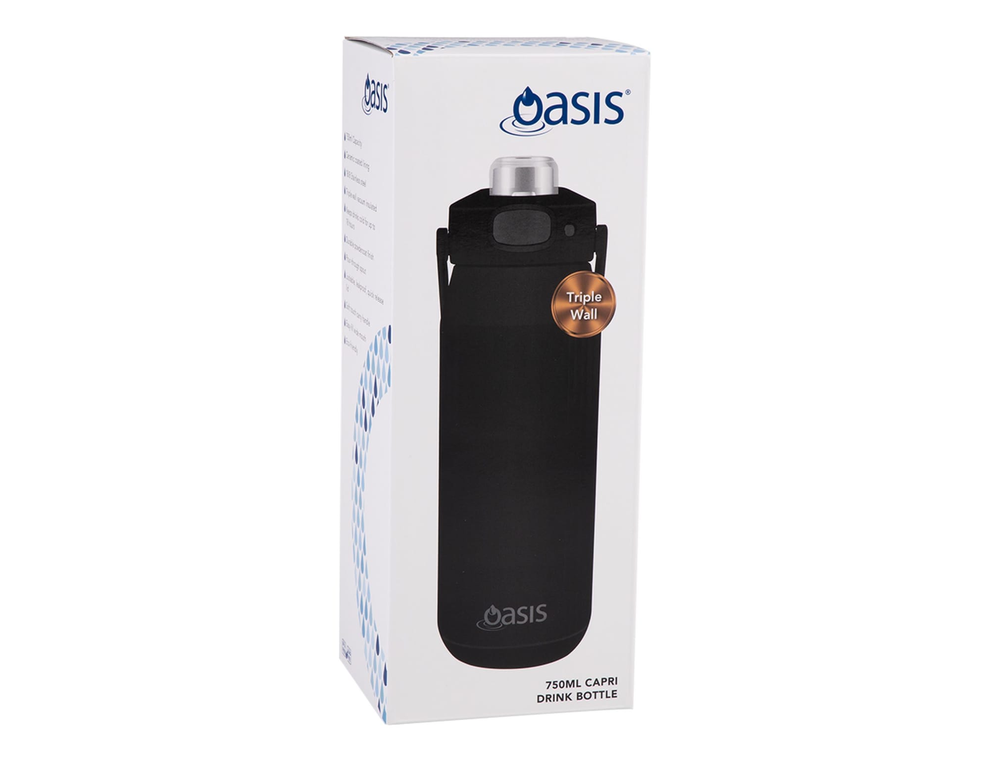 A drink bottle with a black exterior and a quick release lid, featuring a triple wall design and a logo.