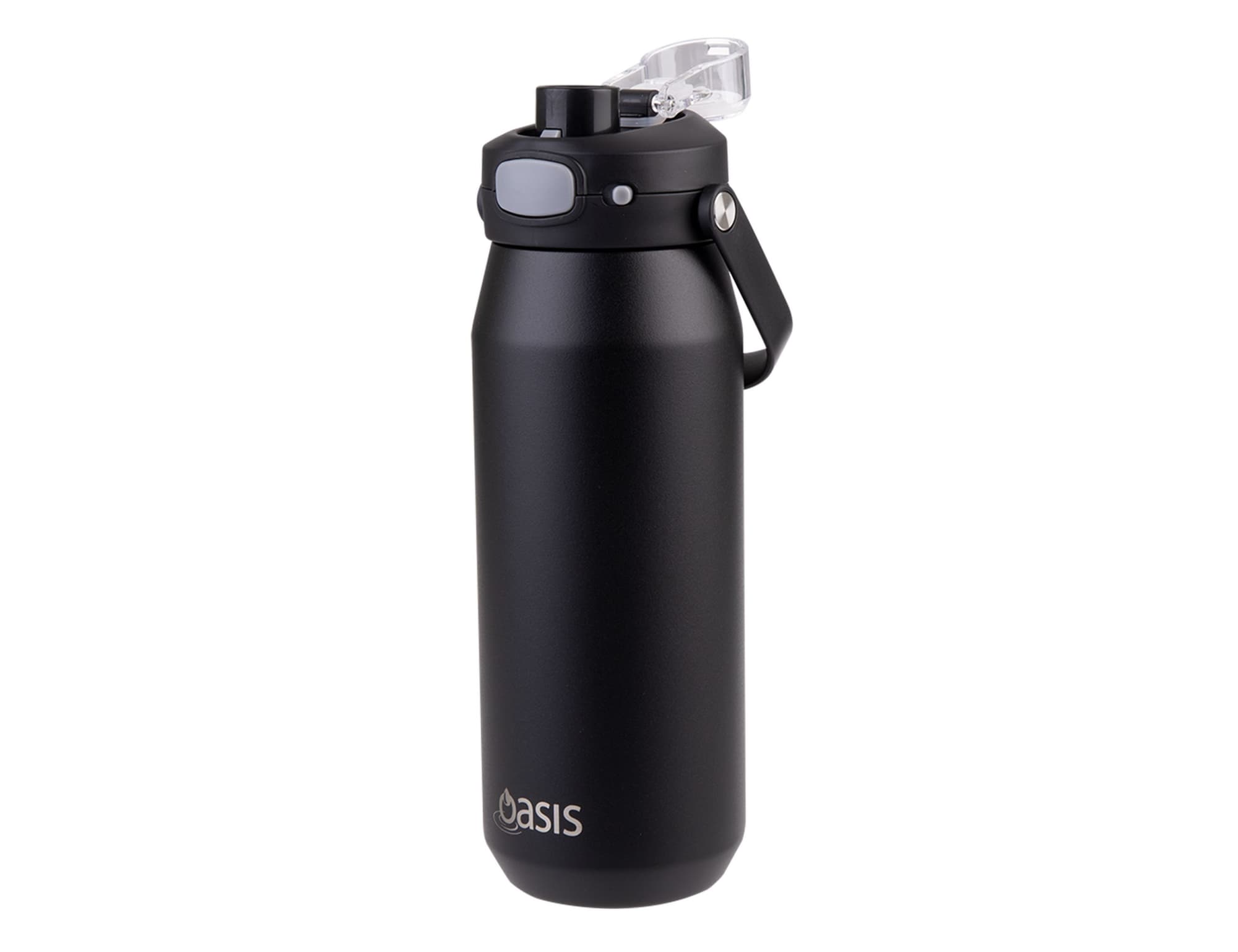 A drink bottle in matte black with a quick-release lid and a carry handle. It features a logo on the front.