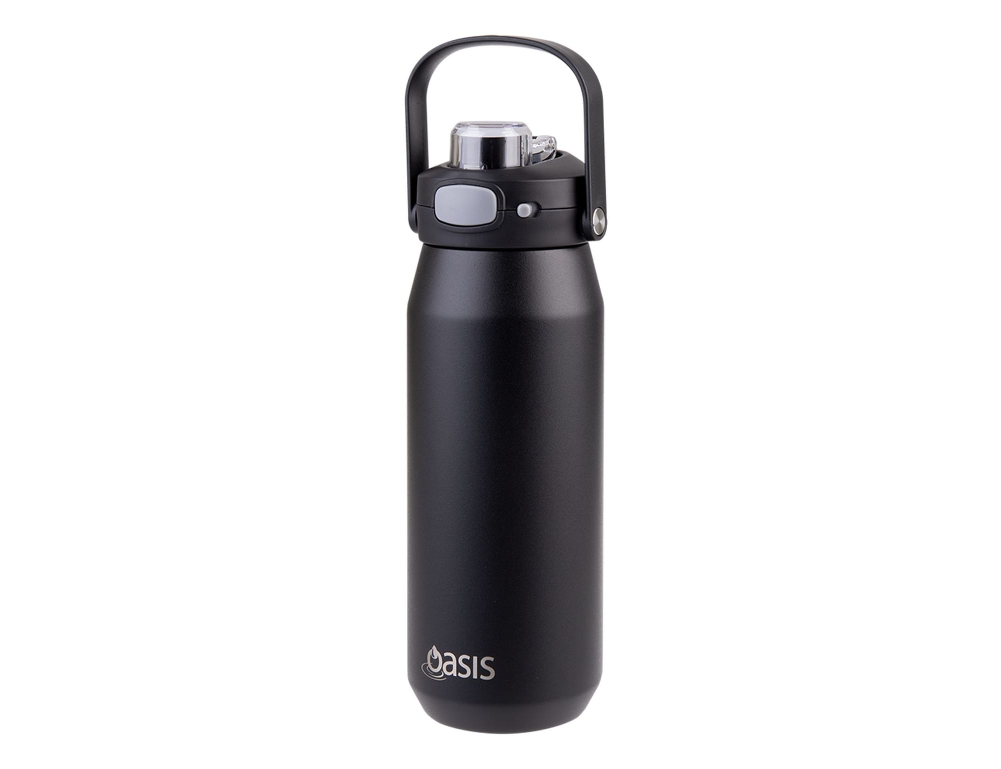 A drink bottle in matte black featuring a quick release lid and a handle, with a logo on the front.