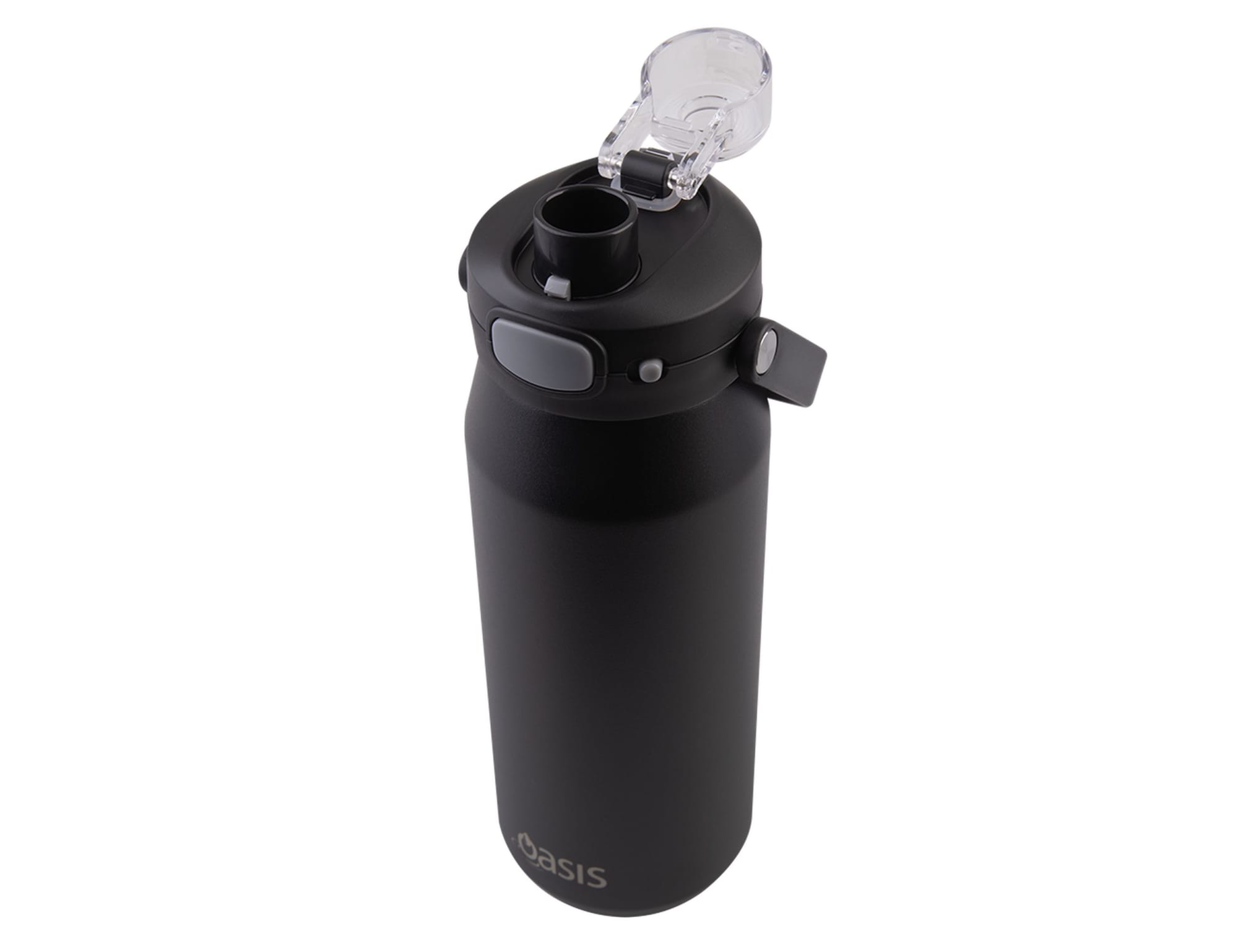 A drink bottle in matte black with a vacuum design and a quick release lid, featuring a logo.