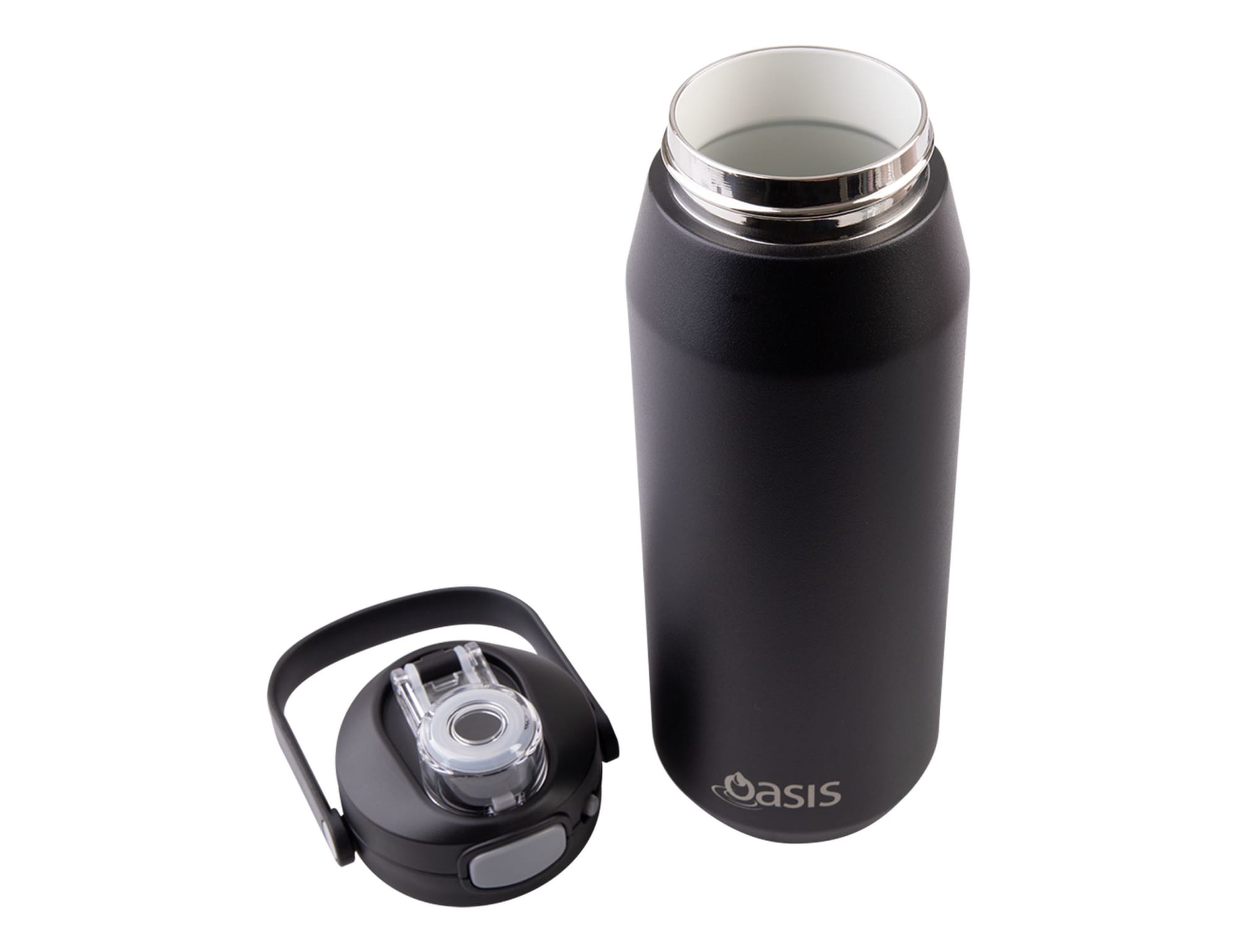 A drink bottle in matte black with a stainless steel interior and a quick release lid. The lid features a handle and a spout, and includes branding.