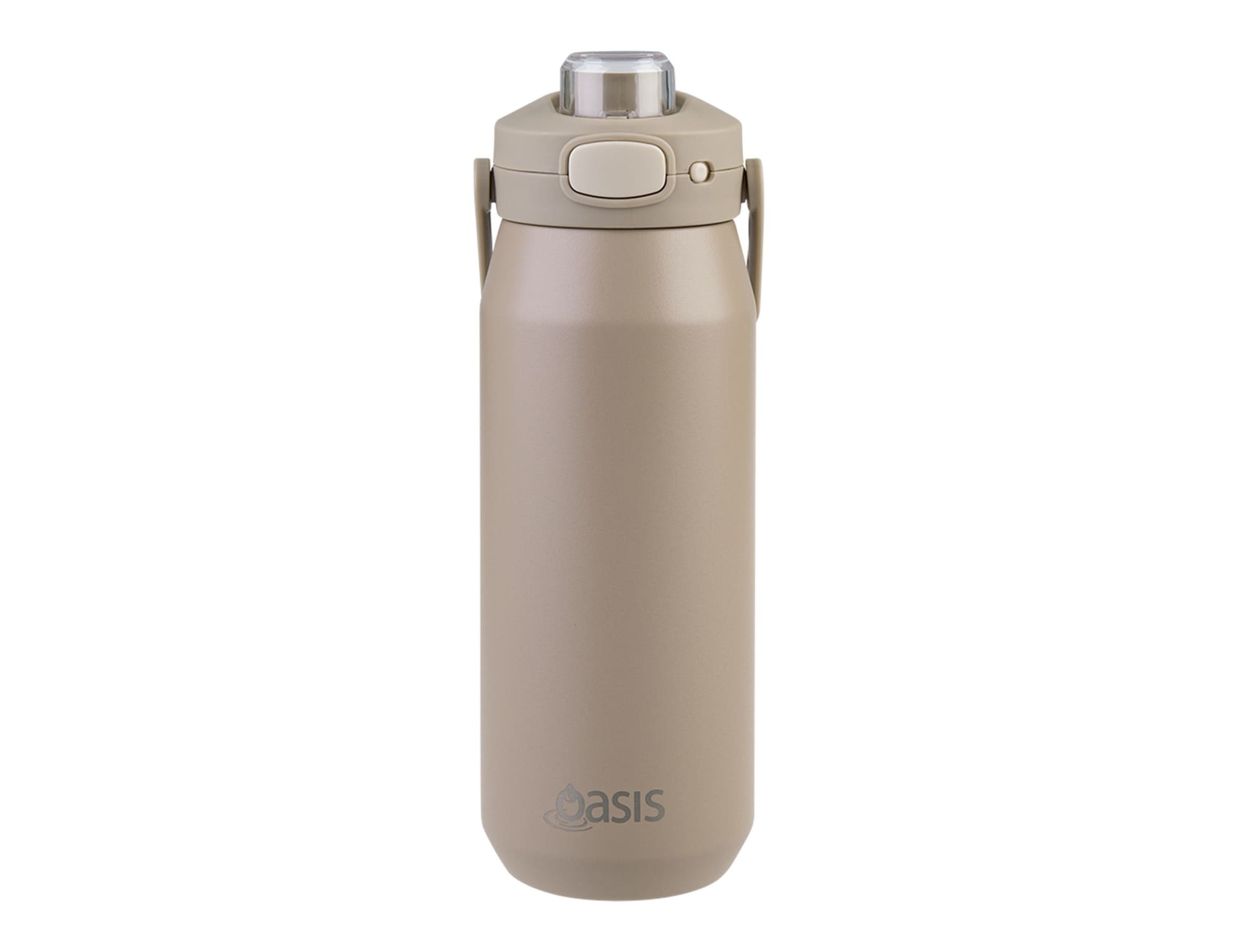 A drink bottle in a light beige colour with a quick release lid and a handle, featuring a logo.